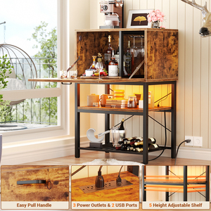 Meuble bar en bois convertible avec prises LED, design moderne à 4 niveaux, porte-<span class=keywords><strong>vin</strong></span> et spiritueux haut pour la maison, la cuisine ou la salle à manger - Product Image 5