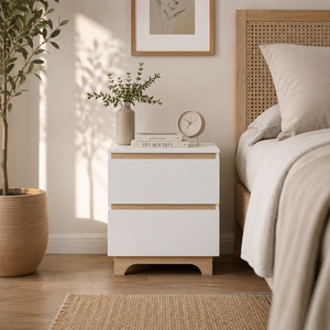 Table de chevet moderne à 2 tiroirs avec design bicolore sans poignée - Product Image 5