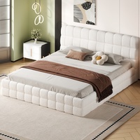 Lit plateforme moderne en tissu blanc avec tête de lit capitonnée et sommier à lattes, 10 lattes en bois pour chambre à coucher