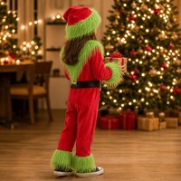 Traje de Monstruo Navideño Rojo y Verde para Niños, Disfraz de Navidad con Ribete de Piel, Hebilla de Cinturón, Gorro de Santa, Ropa para Fiesta