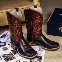 Bottes de cowboy western en cuir véritable pour hommes, bout carré, mi-mollet, brodées, durables, style classique