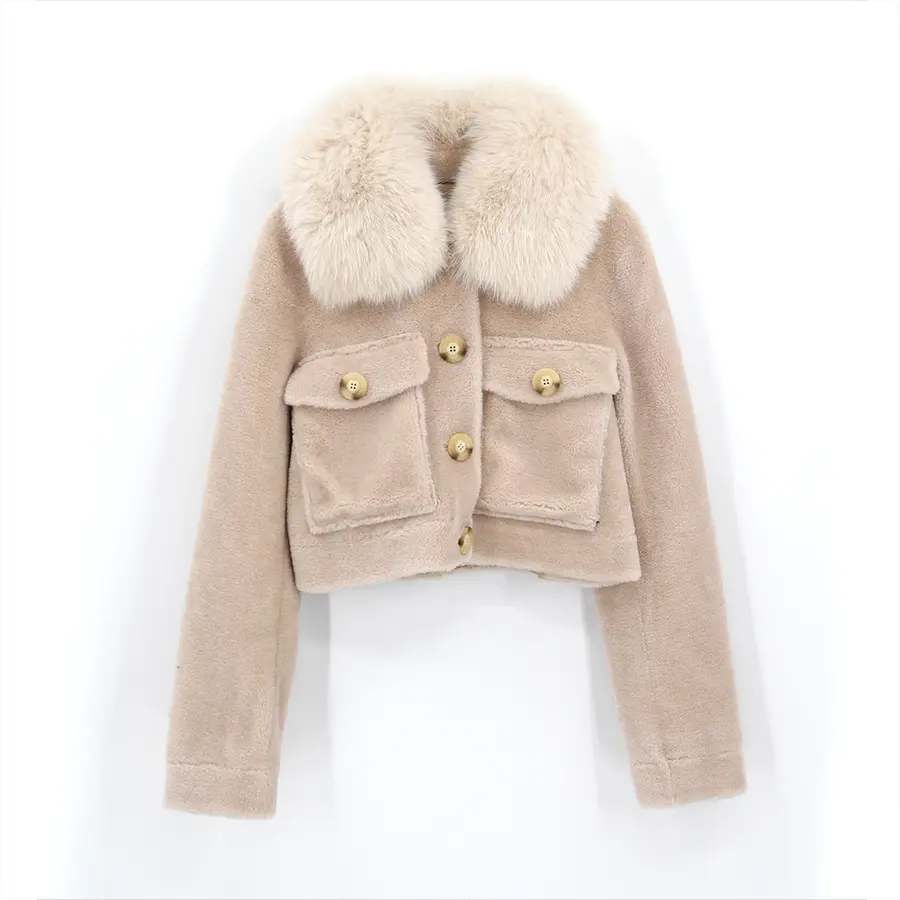QIUCHEN- QC22079 Herbst Winter Luxus Damen Kaschmir Kurz jacke mit echtem Fox Pelz kragen Woll mantel