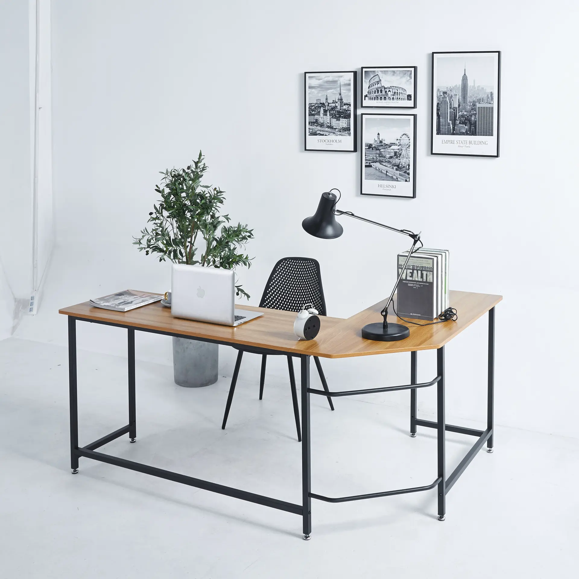 Mesa de madeira em forma de l, mesa de escritório para escrita e escritório com prateleira de canto ou mesa de trabalho para 2 pessoas