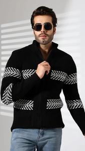 Suéter de Punto Negro para Hombre Samet Arpaci, con Cierre, de Poliéster/Algodón, con Patrón Geométrico, Manga Larga, para Invierno - Product Image 3