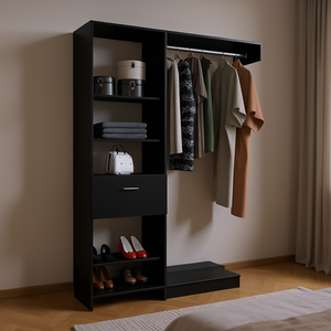 Manchester 150 Closet System Black Metal Rod Five <b>Open</b> Shelves One Drawer Wardrobe <b>Storage</b> Bedroom Furniture - Product Image 2