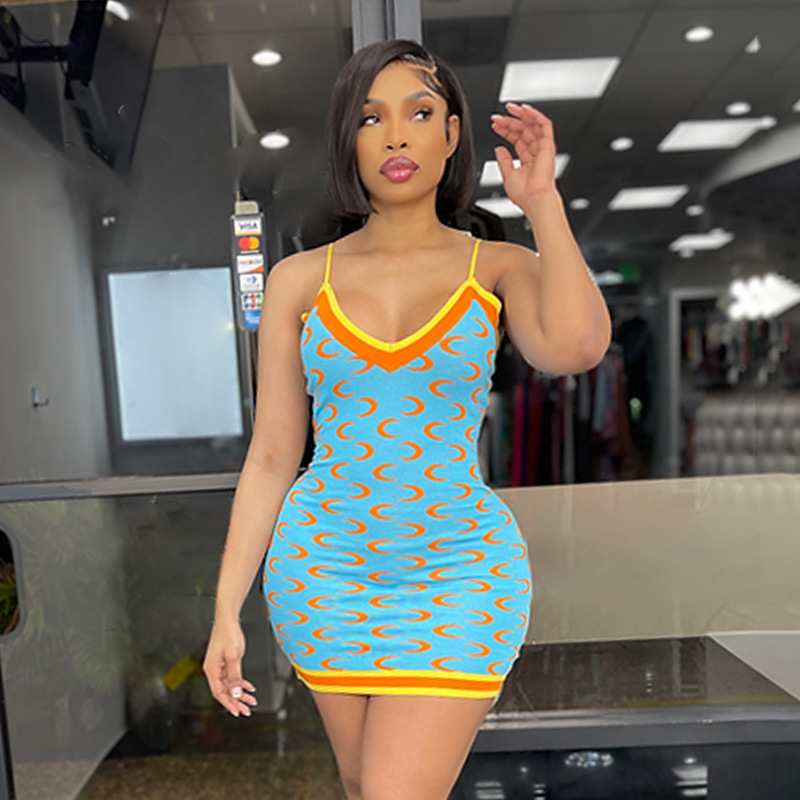 Женское облегающее платье на бретельках, контрастное яркое платье с V-образным вырезом и ярким полумесяцем, лето 2022