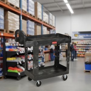 Carrello multiuso Rubbermaid con ripiano e bordo rialzato, nero, di qualità commerciale - Product Image 3