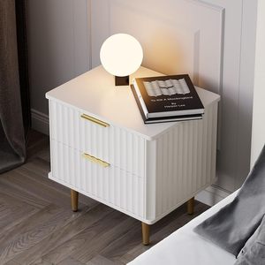 Mesita de noche blanca moderna con 2 cajones, mesita de noche con patas de <span class=keywords><strong>metal</strong></span> dorado para dormitorio, sala de estar - Product Image 2