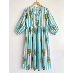 Robe midi à imprimé floral vert sauge bohème pour femmes, silhouette décontractée, manches longues, coton, tenue décontractée d'été pour les vacances - Product Image 3