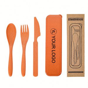 Custom Logo Portable Wheat Straw Cutlery <b>Set</b> Reusable Travel <b>Lunch</b> Utensils for Student Welcome Kits - Product Image 1