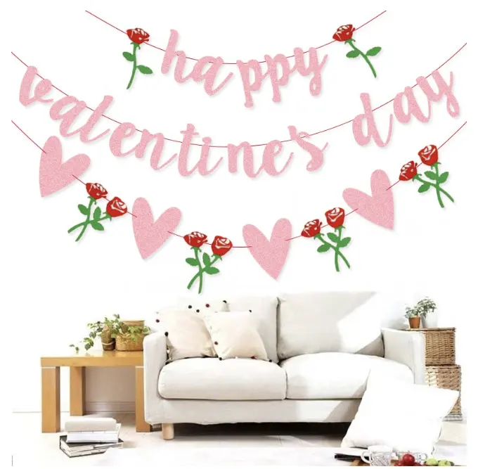 Dekorasi Hari Valentine pacar perempuan, mawar hati cinta Glitter bendera senar bunga tarik