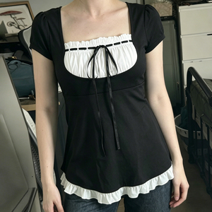 เสื้อยืดแขนสั้นสไตล์ฝรั่งเศสลำลอง แต่งระบาย โบว์ ดีเทลสีตัดกัน สไตล์ Pure Desire แฟชั่นอเนกประสงค์ ทรงเอไลน์ - Product Image 3