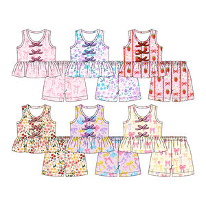 Conjunto de 2 Piezas de Ropa para Niñas, Shorts Casuales con Estampado de Flores y Lazos, Algodón y Spandex Transpirable, Lindos, para Primavera y Otoño - Product Image 1