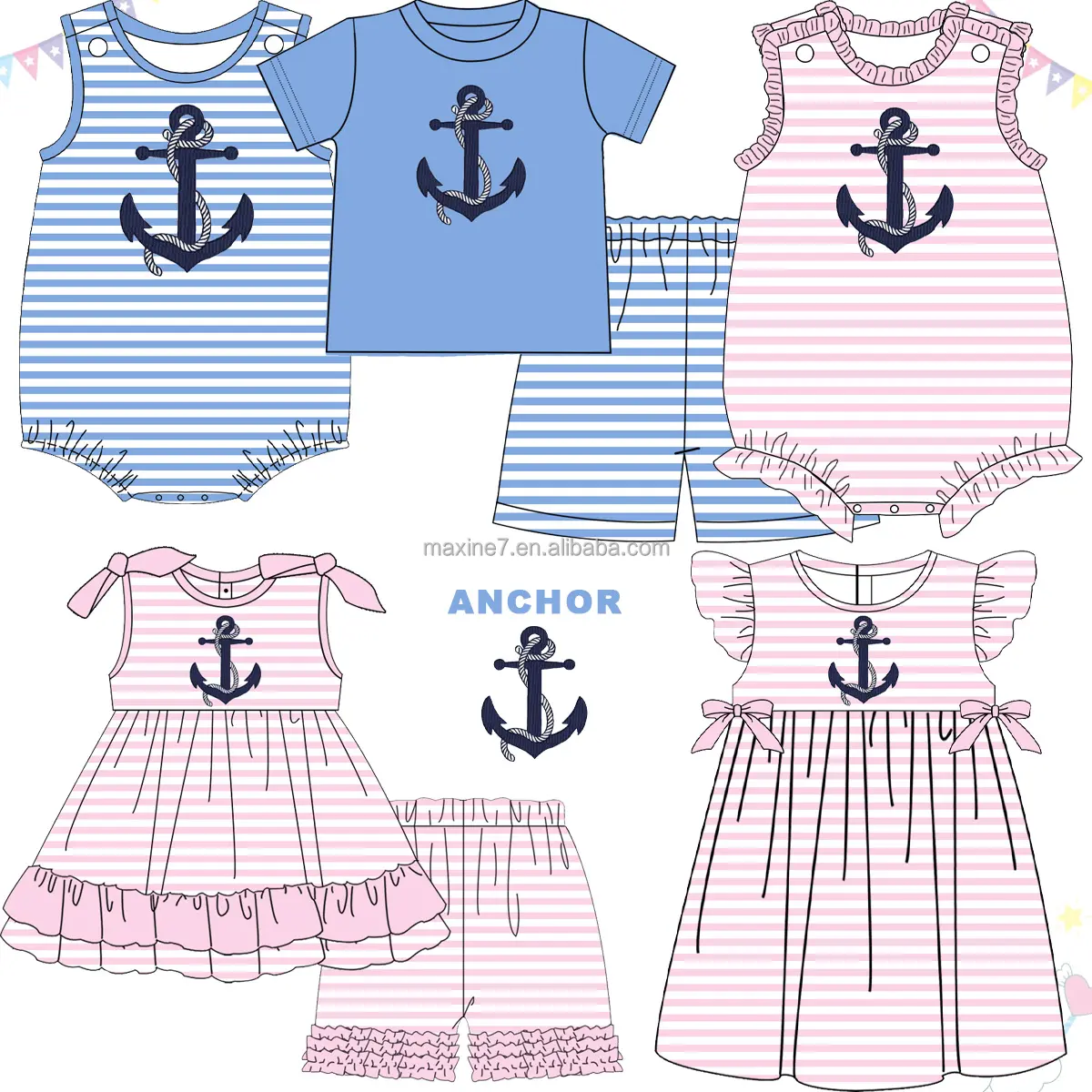 ODM/OEM Kids Clothing Anchor Embroidery Knit Striped Baby Bubble Ruffle Sleeveless Boutique Girl Bubble Romper