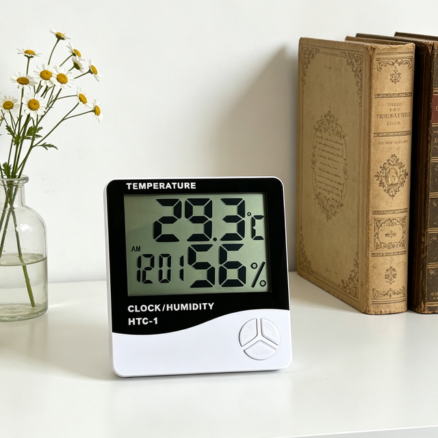 Wholesale Mini Plastic Digital Thermometer Hygrometer Clock Temperature Humidity Monitor LCD Alarm Display Battery Powered HTC-1
