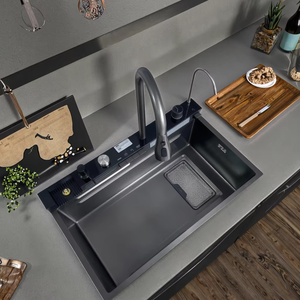 Évier de cuisine en acier inoxydable fait main, design en relief de baleine et de <span class=keywords><strong>volcan</strong></span>, grand bac de récupération des résidus, robinet, évier simple à quatre trous - Product Image 5