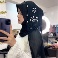 Gran Oferta Hiyab Envolvente Tipo Jersey con Borde de Borlas y Flores Elaboradas, Hecho a Mano, para Mujeres Musulmanas, Venta al por Mayor de Fábrica