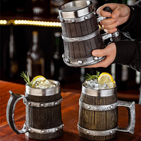 Chope à bière vintage en bois, style viking, verre à bière allemand, double paroi, tankard en acier inoxydable
