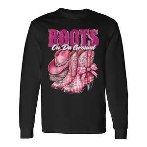 Camiseta de manga larga estilo vaquero con diseño de botas a cuadros rosas de Boots On Da Ground - Product Image 1