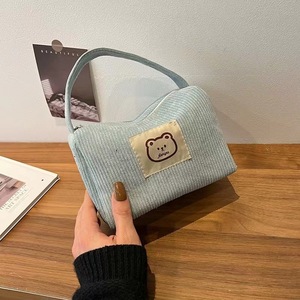 Corduroy Cute <b>Bear</b> Animal Prints Eco-Friendly Recyclable Fashion Zipper Closure Drawstring Portable Cosmetic Bag Soft Large - Product Image 2