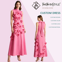 Robe longue romantique rose à appliques florales pour femme, col montant, sans manches, dos nœud, idéale pour soirée, bal de promo, fête de remise de diplôme, vente en gros