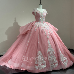 Vestido de Novia de Lujo Xs274 Rosa Brillante con Apliques de Encaje Hechos a Mano y Cola Jancember - Product Image 2