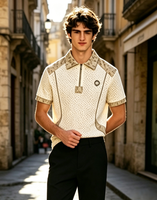 T-shirt Homme Décontracté en Maille Tricotée Respirante, Col Demi-Zip, Motif Floral Vintage, Col en V, Design Uni pour le Golf, 180g
