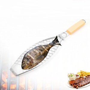 Wholesale Folding Grilling Basket Portable <b>BBQ</b> Cooking Accessories Non-stick Wire Mesh Grill Fish Clip with Wooden Handle - Product Image 3