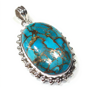 925 Sterling Silver Blue Copper Turquoise Pendant Handmade Natural Gemstone Vintage Bohemian Jewelry For Women Wholesale - Product Image 1