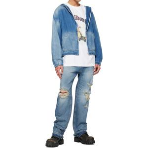 Sweat à capuche zippé en denim 100% coton personnalisé, fin, avec poche plaquée, bleu délavé, épaules tombantes, coupe courte - Product Image 5