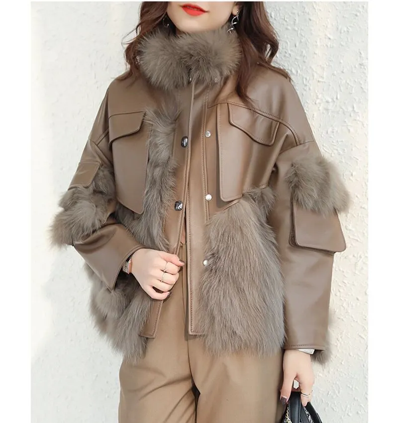 CX-L-18B ใหม่มาถึงของแท้หนัง Trench Fox ขนสัตว์ผู้หญิงแฟชั่นเสื้อแจ็คเก็ตหนังแท้