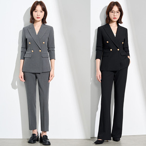 Women's Suit Set Double Breasted Long Sleeve Polyester Anti Wrinkle Office Lady Autumn Wear - Product Image 1
