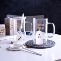 Mug en verre à grande capacité avec couvercle et cuillère, motif ours mignon, pour étudiants, pour boire de l'eau, tasse à thé de bureau, chopes à bière, design traditionnel, compatible lave-vaisselle
