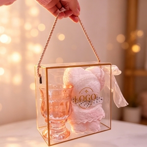 Transparent PET Gift Box Custom Logo Printing With Gold <b>Black</b> White <b>Frame</b> Rope Handle - Product Image 1