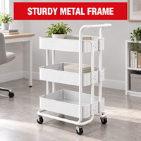 Chariot utilitaire roulant en métal à 3 niveaux, chariot de rangement mobile robuste avec poignée ergonomique et roulettes verrouillables pour la maison et le bureau