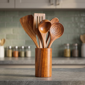 6-Piece Natural Wood Utensil <b>Set</b> with Holder Eco-Friendly Cooking <b>Spatula</b> Spoon Skimmer - Product Image 2