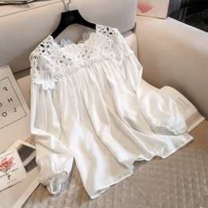 Chemisier ample décontracté pour femme, <span class=keywords><strong>style</strong></span> coréen, en dentelle florale, couleur unie, col rond, manches longues, grande taille, collection automne - Product Image 5