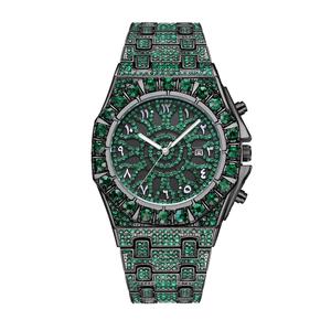 Hoge Kwaliteit Zwart Metaal Kleur Lichtgevende Waterdichte Kalender Met Volledig Groene Strass Arabische Schaal Hiphop Heren Quartz Horloge - Product Image 1
