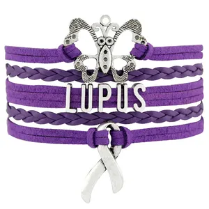 Amor la fe creo que ser valiente cura a Lupus conciencia combate sobreviviente Lupus mamá cinta púrpura pulseras de cuero para las mujeres