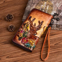 Dompet Panjang Wanita AndoBag Motif Kepala Rusa dengan Ritsleting, Kulit Sapi Asli, Kapasitas Besar, Model Vintage, 88007