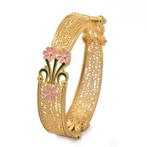 奢华雕刻24k金色铜手镯手链迪拜女性魅力新品珠宝手镯宴会礼物