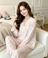Ensemble 2 pièces en polyester de luxe, confortable et décontracté, avec taille élastique, col en V, manches longues, longueur complète, tissé et lisse, pour automne/printemps