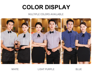 Uniformes de Camarero para Restaurante, Conjuntos de Camisa de Trabajo para Mujer, Camisa Polo a Rayas de Manga Corta, Color Turquesa con Delantal - Product Image 5