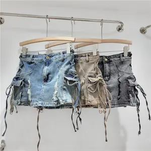 Bomblook C320SK Vintage Washed High Waist Denim Mini Skirt Pockets Denim Cargo Skirt With String Ladies Denim Skirt