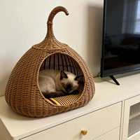 Lit pour chat en osier plastique tressé à la main, maisonnette pour animaux, lavable, chaud, résistant aux taches, respirant, imperméable, pour intérieur