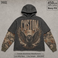 Sweat à capuche homme streetwear camouflage vintage personnalisé, effet superposé, en coton 450 GSM, manches camouflage aigle, strass, effet vieilli, OEM ODM