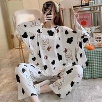Nouvel ensemble de pyjama en soie de lait pour femme, motif mignon, manches longues et pantalon, idéal pour l'été et le printemps, style décontracté et confortable pour la maison