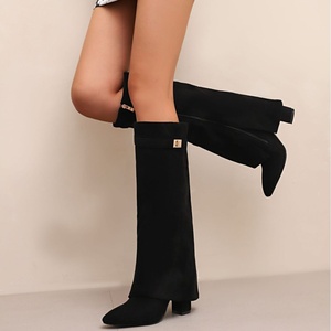 Cross-Border Trade New Pointed Toe Large Tube Straight Metal Buckle Mid-Calf <strong>Boots</strong> Large Size Chunky Heel <strong>Trouser</strong> <strong>Boots</strong> Women's - Product Image 4