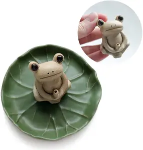 Handmade Ceramic Stick Holder Frog incense holder With Lotus Leaf Tray Mini Cute Animal Statue Burner For Aroma