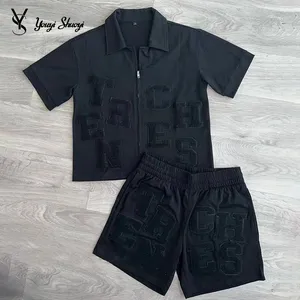 Yyxy tuta da ginnastica estiva in due pezzi ricamo personalizzato in ciniglia tinta unita con Zip a maniche corte e pantaloncini da uomo